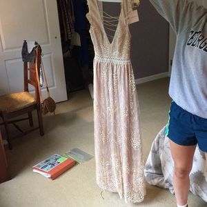 Formal Champaigne dress with gold + white beading